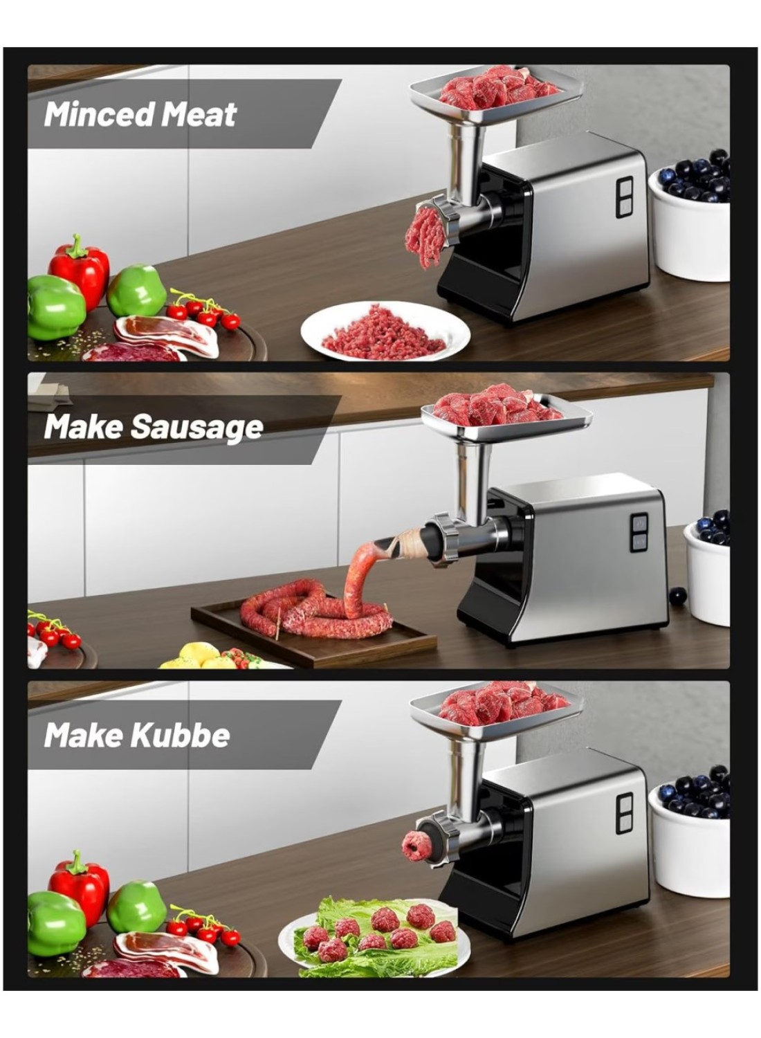 Electric Meat Grinder, Sausage Stuffer Maker, Heavy Duty Meat Mincer with Stainless Steel Cutting Blade, 3 Grinding Plates, 1 Sausage Maker &amp; Kubbe Kit for Home Kitchen Use