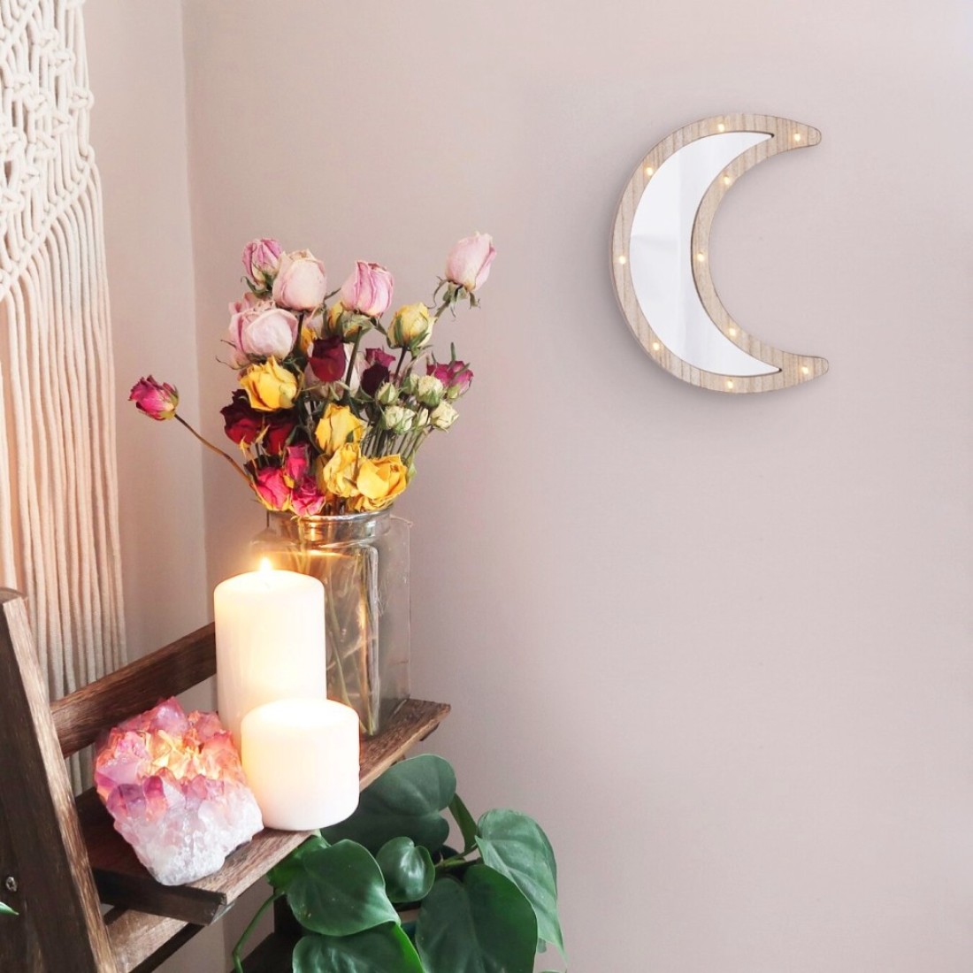 Wooden Crescent Moon Ramadan Decorative Mirror with LED Lights 30x22cm