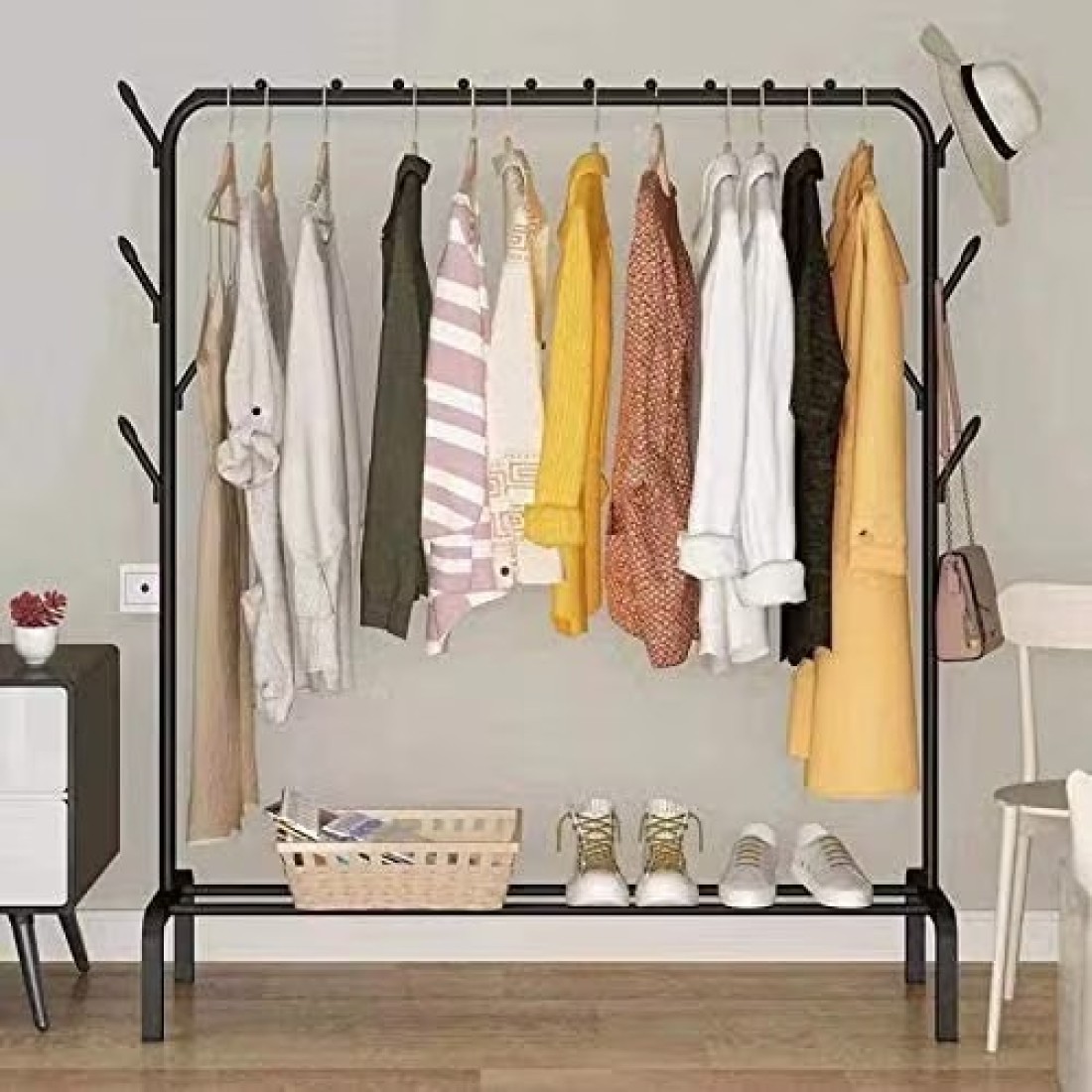 Showay Cloth Rack Cloth Stand Clothes Hanger Stand Clothes Clothes Hanger Dryer Rail With 8Pcs Branch Hook Bottom Storage 110cm Length Large Space For Shoes Clothes Jacket Umbrella Hats Scarf Handbags