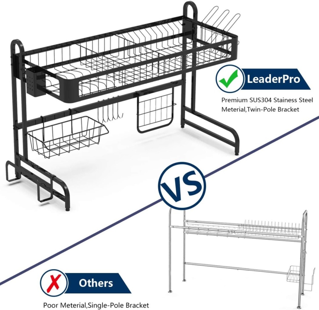 MZH Qryy Dish Drying Rack Over The Sink, Leaderpro Premium 304 Stainless Steel Dish Drainer Shelf, Kitchen Supplies, Countertop Space Saver Display Stand Tableware Organizer Utensils Holder, Black