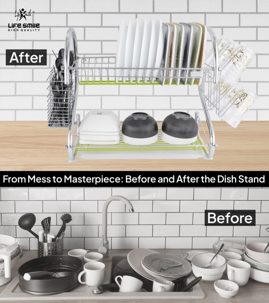 LIFE SMILE Dish Rack - 2 Tier Countertop Dish Drying Stand With Removable Drip Tray - 304 Stainless Steel with Utensil Holder and Cups Holder - Anti Slip and Rust Proof Dish Drainer