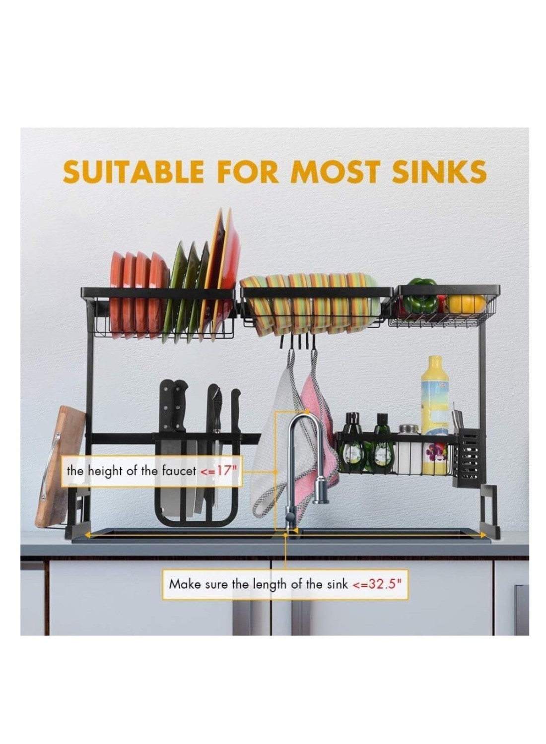 Radiotronics Over Sink Dish Drying Rack Kitchen Counter Storage Shelf Drainer Organizer Utensils Holder Stainless Steel, Black
