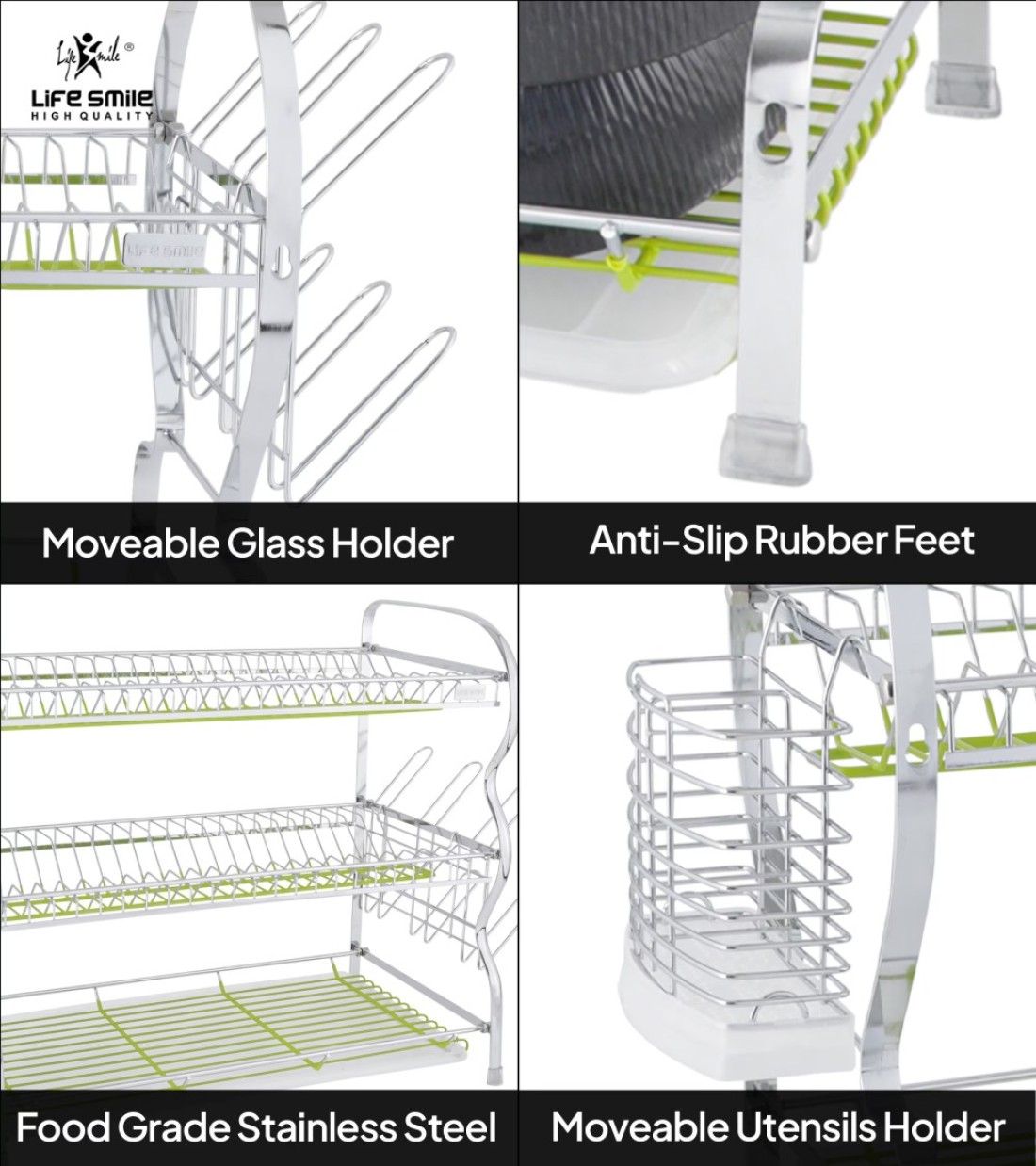 Life Smile Stainless Steel Dish Rack - 3 Tier with Utensils and Glass Holder Long Lasting and Durable