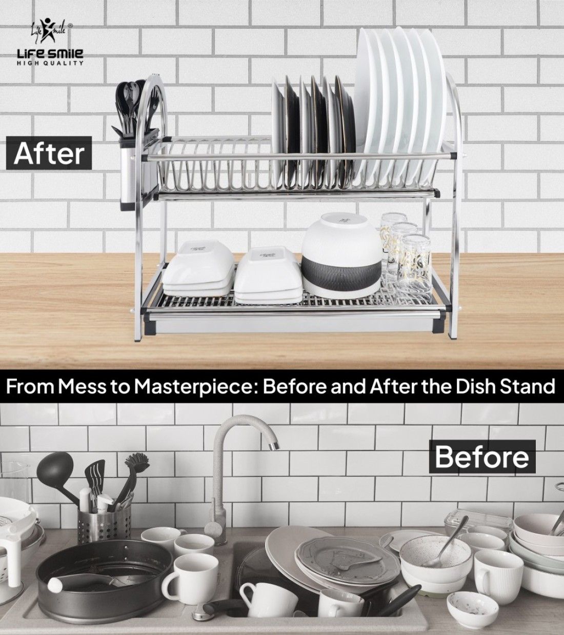 LIFE SMILE Dish Rack - 2 Tier Countertop Dish Drying Stand With Removable Drip Tray - 18/10 Stainless Steel with Removable Utensil Holder - Anti Slip and Rust Proof Dish Drainer