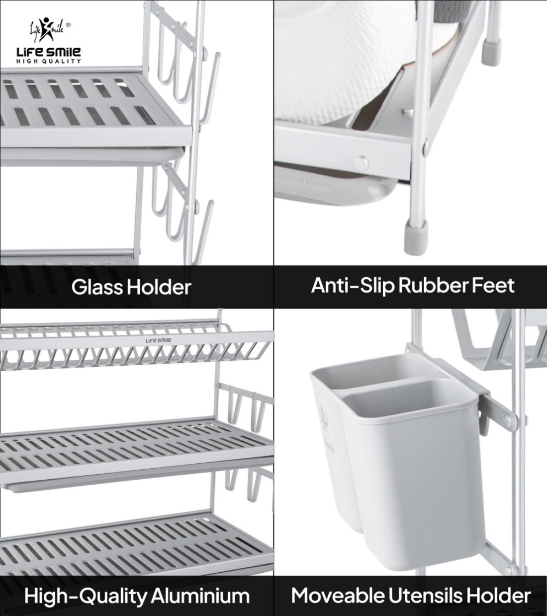 LIFE SMILE Dish Rack - 3 Tier Countertop Dish Drying Stand With Removable Drip Tray - Pure Aluminum with Cutlery Holder and Cups Holder - Anti Slip and Rust Proof Dish Drainer