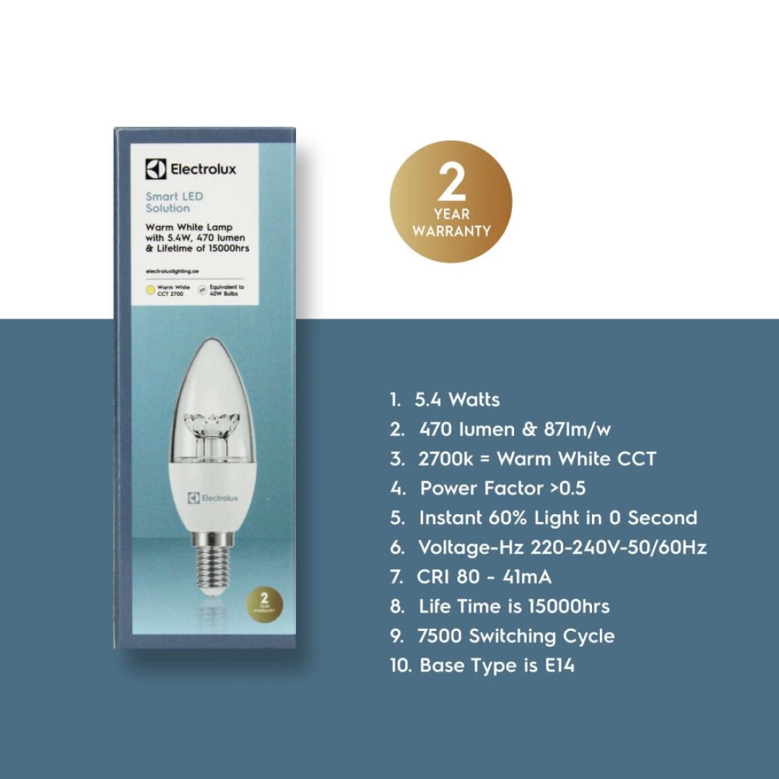 Electrolux E14 LED Candle Lamp 5.4W Warm White