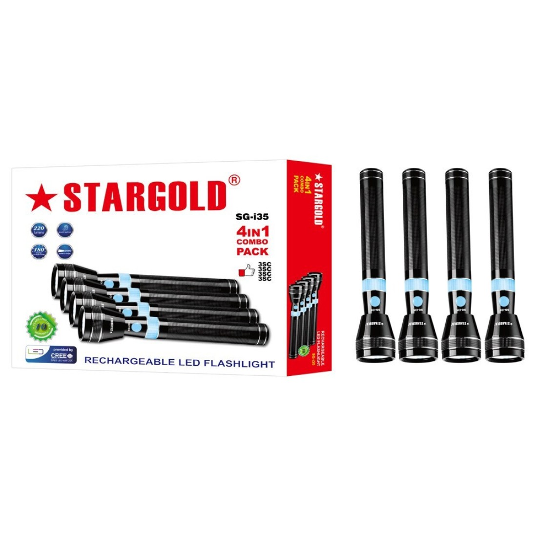 STARGOLD Rechargeable Flash Light, 4 In 1 LED Flashlight - High Power Super Bright Cree LED Torch Light - Built-In 2000mAh Li-Ion Battery