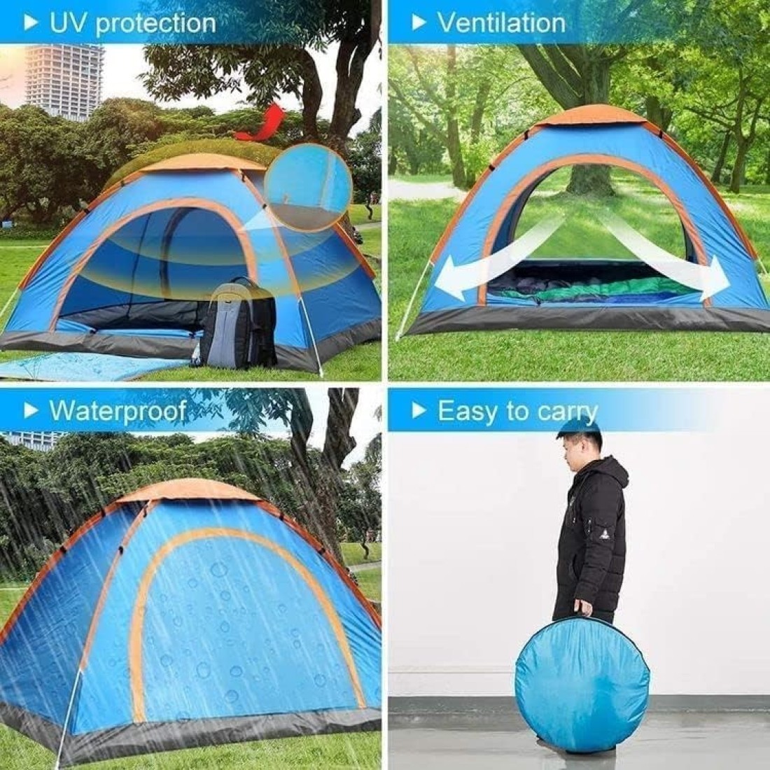Waterproof Camping Pop-up Tent for 2-4 Person - Dome Family Tent for Outdoor Sports, Travel, Beach, Picnic