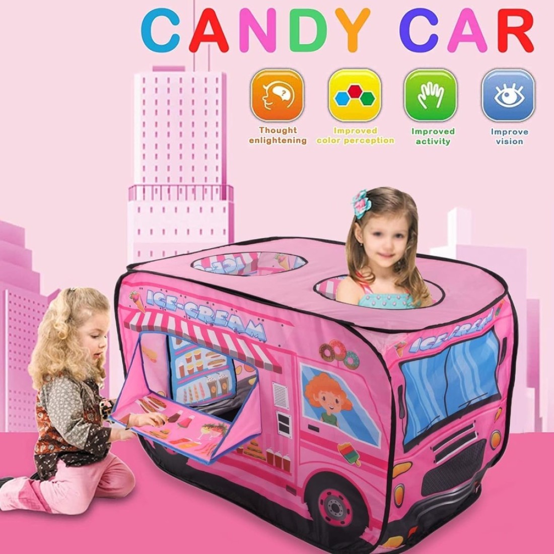 Kids Play Tent 2-4 Kids Open in Seconds Easy to Store Portable Ice Cream Truck Pop Up Play Tent Indoor Outdoor