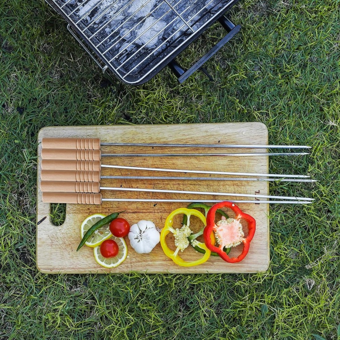 Royalford Bbq Square Skewers Set- Rf11679 Pack Of Six Stainless Steel With Wooden Handle, Perfect For Indoor, Camping, Hiking