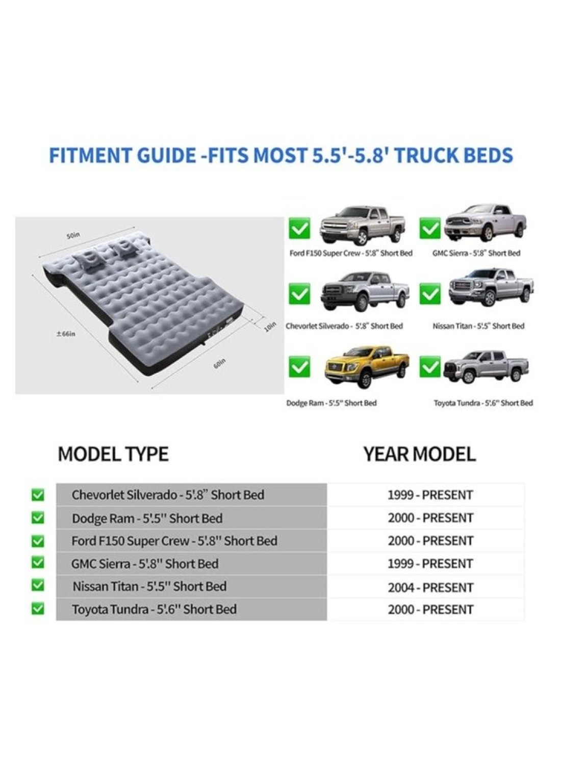 Generic Large Truck Bed Air Mattress, Thick Leak-Proof Truck Bed Mattress With Pump, Pillows, Portable Air Mattress For Truck, Tent And Camping, Gray