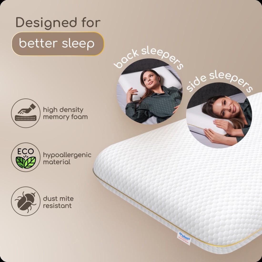Comforto Classic, white with golden piping, 60*40*13Memory Foam Pillow, Orthopedic Pillow