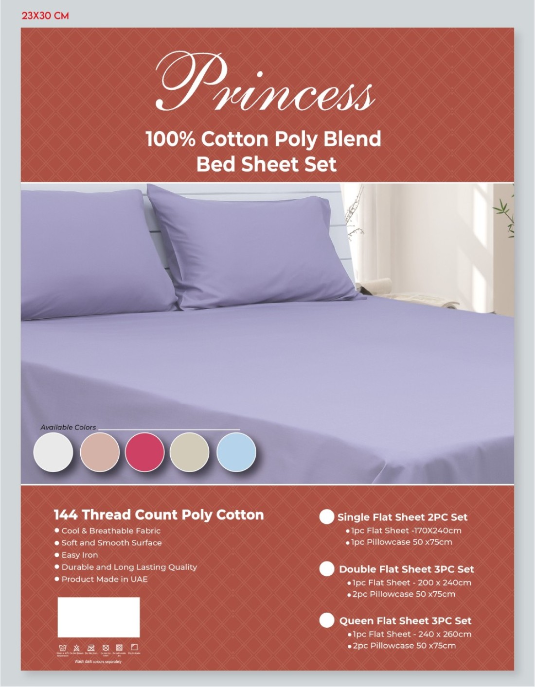 Deyarco Princess Flat Sheet 2pc-Fabric: Cotton Poly Easy Iron - Color: Lt. Blue -Size: Single 170X240cm + 1 Pillowcase Size: 50X75cm