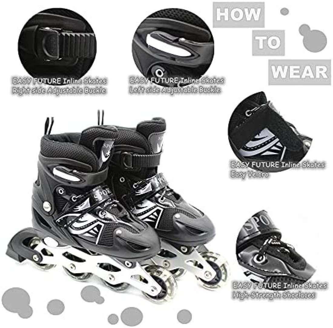 EASY FUTURE Inline Skates Adjustable Size Roller Skates with Flashing Wheels Children Skate Shoes Including Protective Gear Knee Elbow Wrist Black Large (39-42)