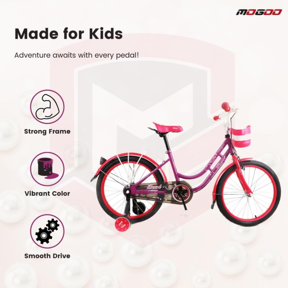 Mogoo Pearl Kids Road Bike With Basket For 4-10 Years Old Girls, Adjustable Seat, Handbrake, Mudguards, Reflectors, Rear Carrier, Gift For Kids, 16/20 Inch Bicycle With Training Wheels