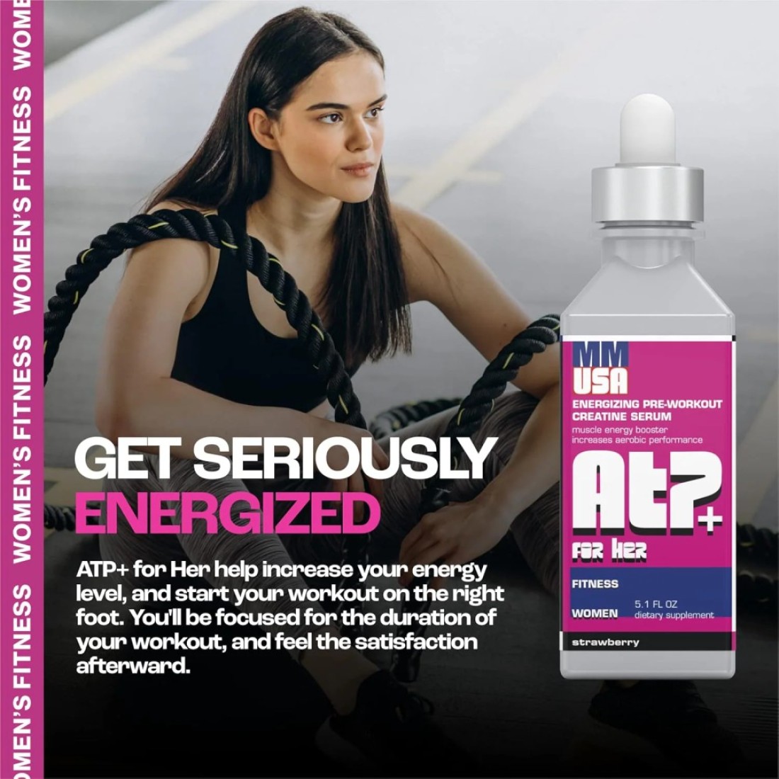 MMUSA Creatine Pre-Workout For Women, Instant Energy, Stronger, Leaner, Burns Fat, Boosts Atp Power, Stamina, Toning, Weight Training, Muscle And Fitness, Builds Core Strength, Cherry Flavor