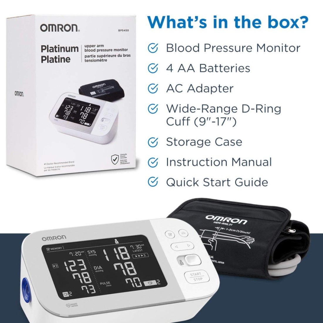 OMRON Platinum Blood Pressure Monitor Upper Arm Cuff Digital Bluetooth Blood Pressure Machine Stores Up To 200 Readings for Two Users 100 readings each