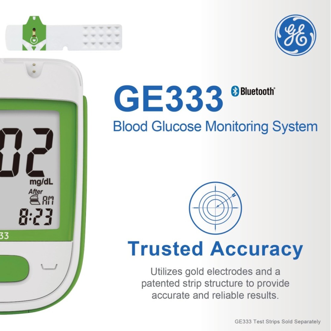GE333 Blood Glucose Monitoring System Glucometer Auto Coding 5Second Results Bluetooth Rightest Care App Connection EasytoRead Display