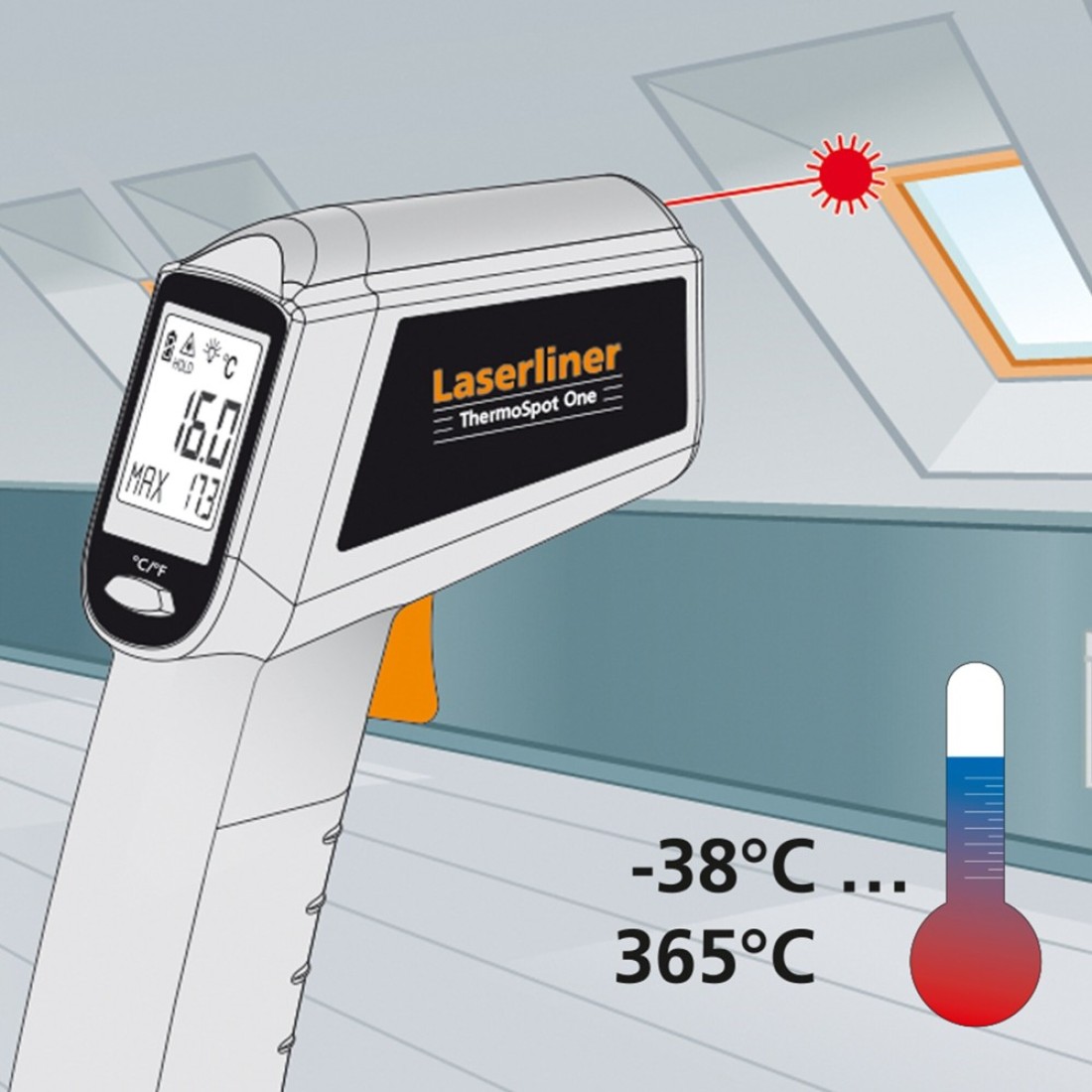 Laserliner Infrared Thermometer -38&deg;C to 365&deg;C Industrial Use, Laser Temperature Gun, Non-contact measuring device, Digital, for Outdoor Surface, Indoor Room HVAC Temp Reader, Auto-Hold Function