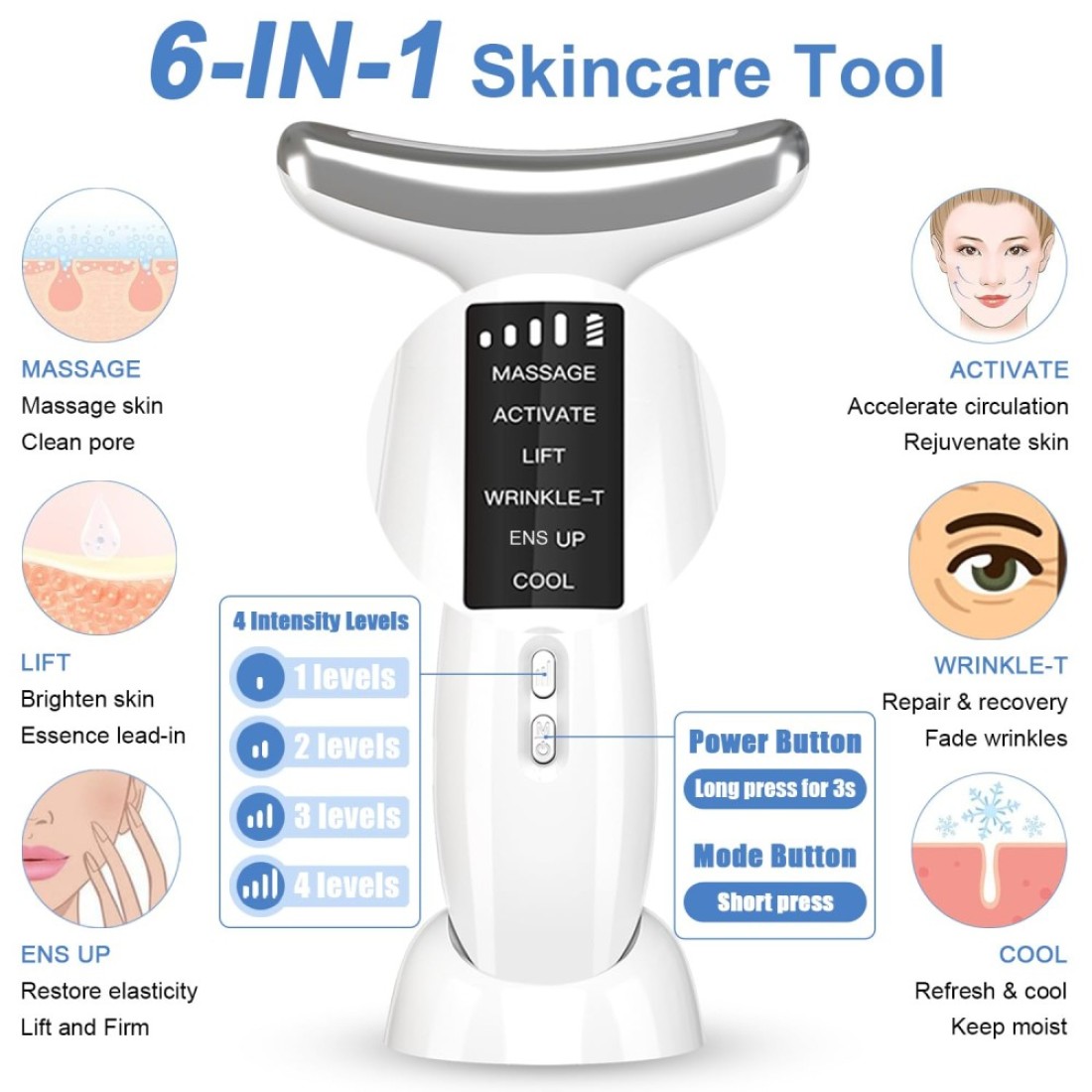 RedLightTherapyforFace and Neck AntiAging Facial and Neck Massager Soothing and Relaxing Face Massager Device with 4 Color LED Therapy Vibration and Thermal Functions for Skin Care White