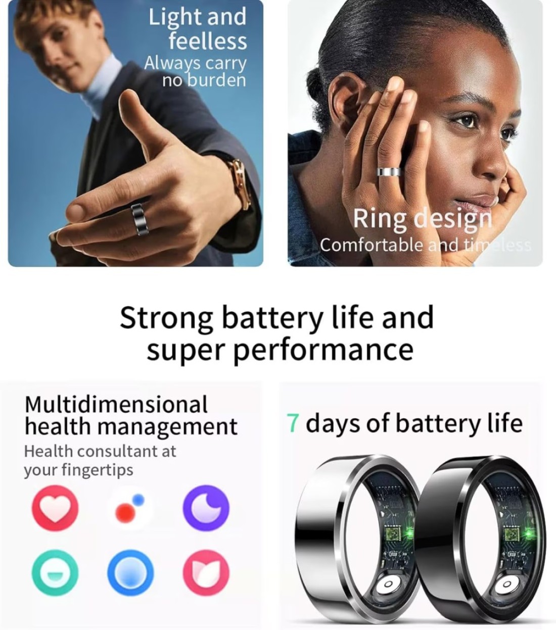 حلقة ذكية - جهاز تتبع اللياقة البدنية بنظام Android ومراقبة معدل ضربات القلب وتتبع النوم وعداد السعرات الحرارية وعداد الخطى وحلقة ذكية سوداء للرجال والنساء ومراقبة اللياقة البدنية والصحة