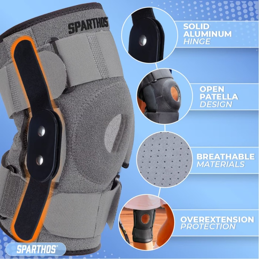 Sparthos Knee Brace Relieves ACL MCL Meniscus Tear Arthritis Tendonitis Pain Open Patellar Design with Dual Hinged Support Compression for Running Working Out For Men and Women Medium