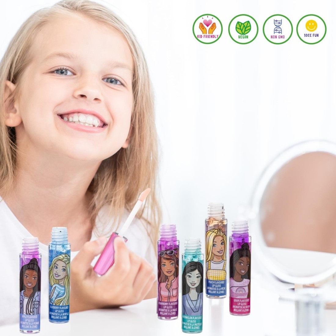 Townley Girl Barbie 12 Piece Plant Based Lip Gloss Girls Party Favors First Makeup Set for Girl Perfect for Parties Sleepovers and Birthday Gifts Ages 3