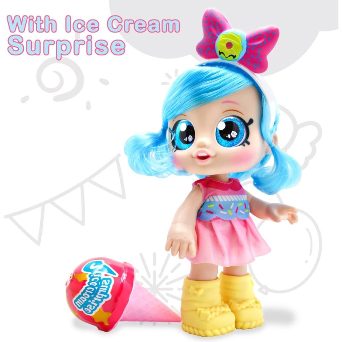 Fitto pretty stylish modern American girl doll with yellow boots, large blue eyes, blue hair with a battery, a singing doll toy with ice cream blind box surprise 12-inch toy for girls