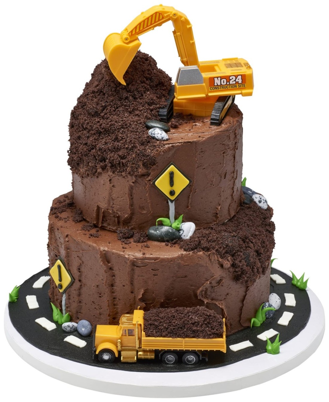 DecoPac Construction Dig Cake Decoration 2 Piece Cake Topper Set with Dump Truck and Moveable Excavator Food Safe Ready to Use For Birthday Themed Parties Celebration Yellow 11826