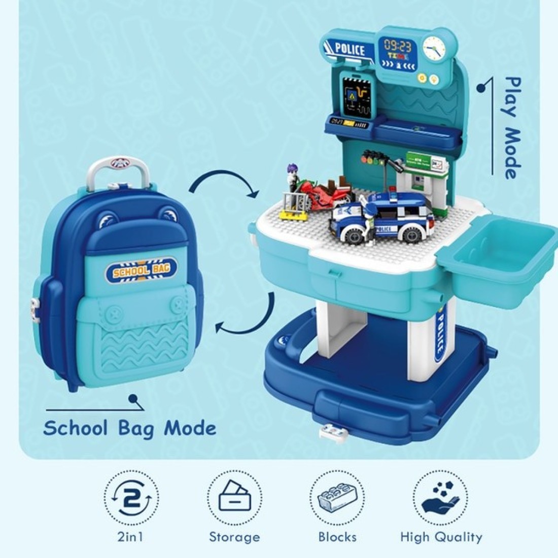Little Story ROLE PLAY POLICE STATION WITH POLICE CAR AND BLOCK TOY SET SCHOOL BAG (219 Pcs) - Blue, 2-IN-1 Mode