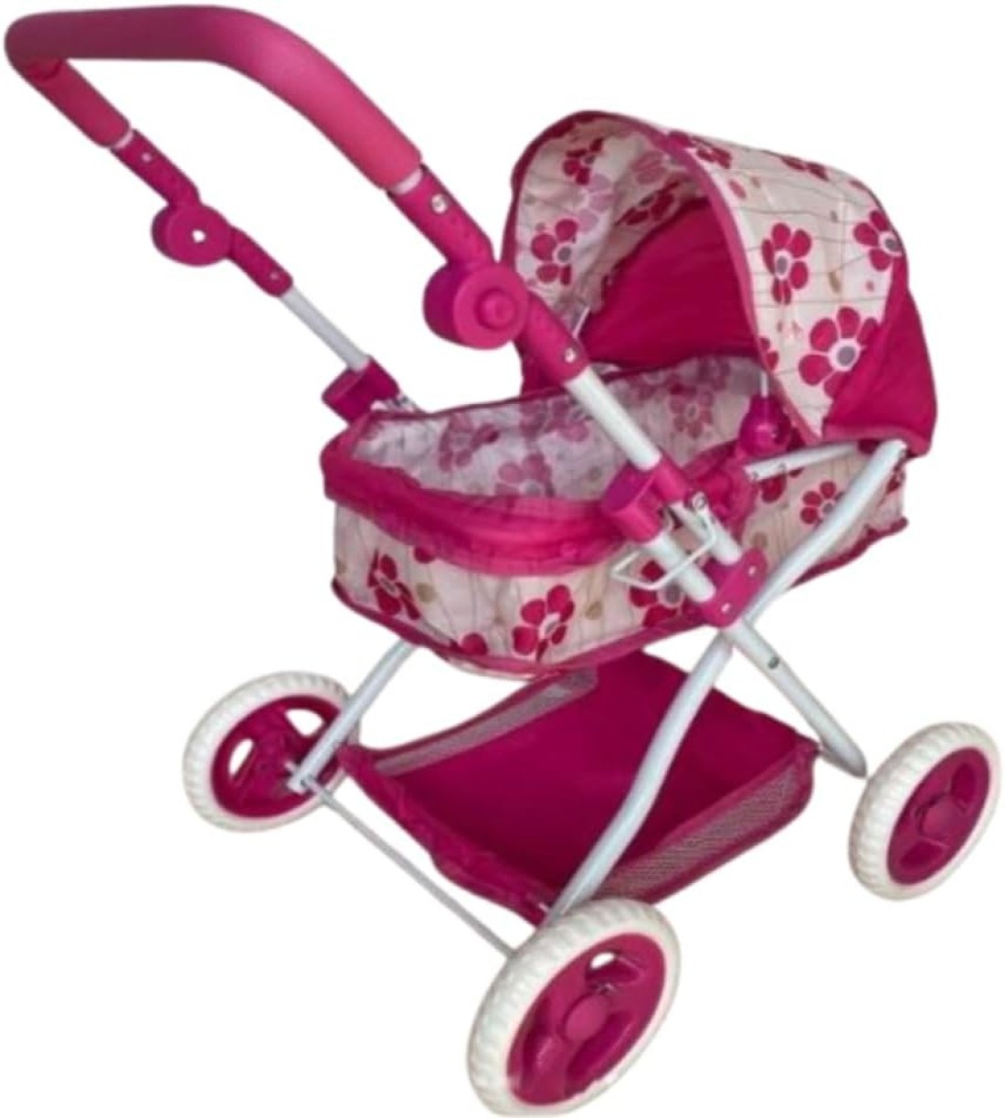 UKR Doll Stroller Canopy Pink for Girls Foldable Girl Pretend Play Toy Dolls Pram with Adjustable Handle Floral Canopy with Storage Basket.