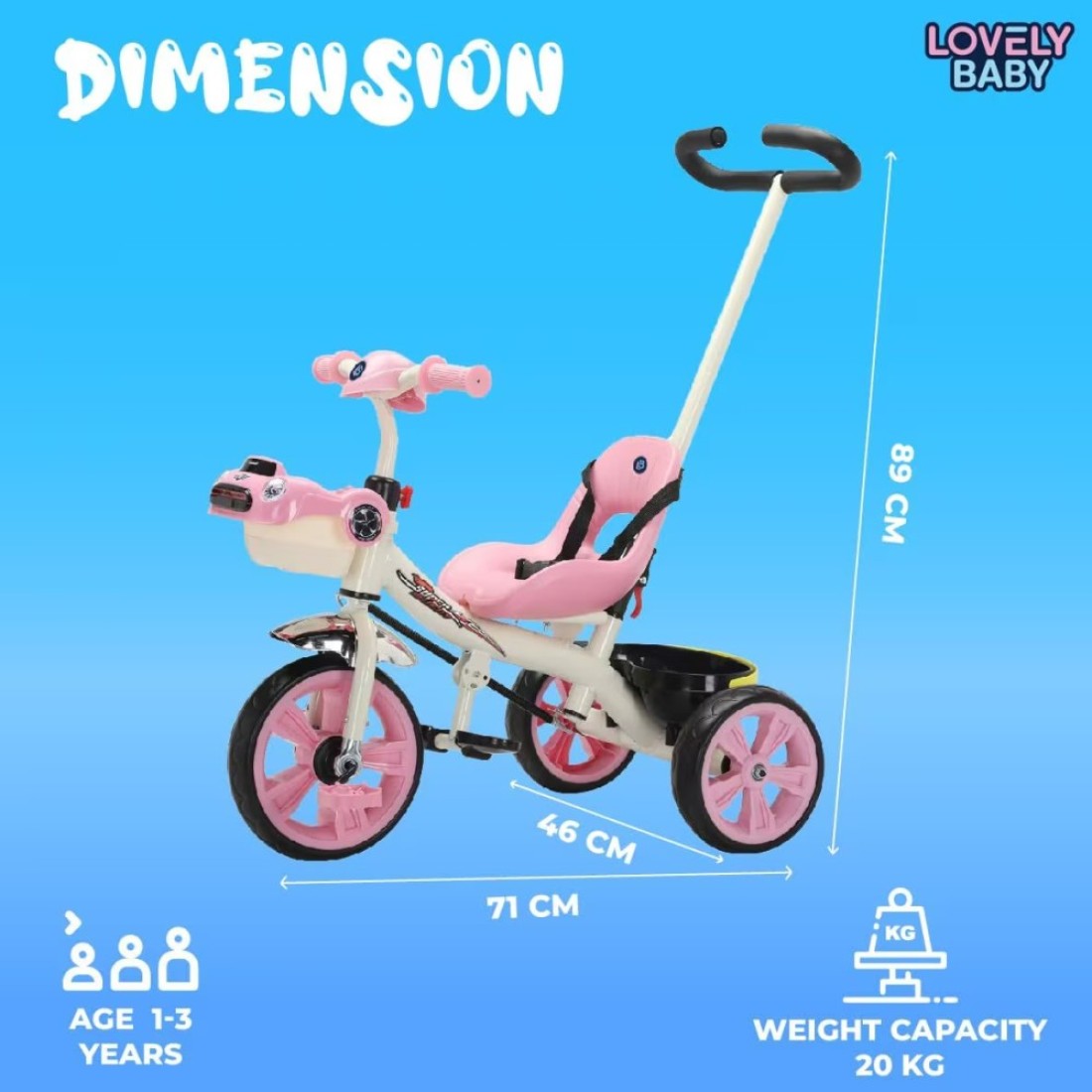 Lovely Baby Kids Tricycle LB 6565H with Parent Control, Music &amp; LED Lights, EVA Wheels, Steel Frame, Ride-On Toy for 1-3 Years - Pink