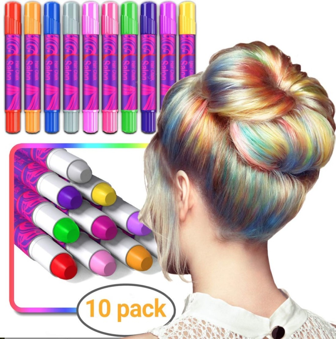 Desire Deluxe Hair Chalk for Girls Makeup Kit of 10 Temporary Colour Pens Gifts Great Toy for Kids Age 5 6 7 8 9 10 11 12 13 Years Old BlueGreenGreyPinkPurple