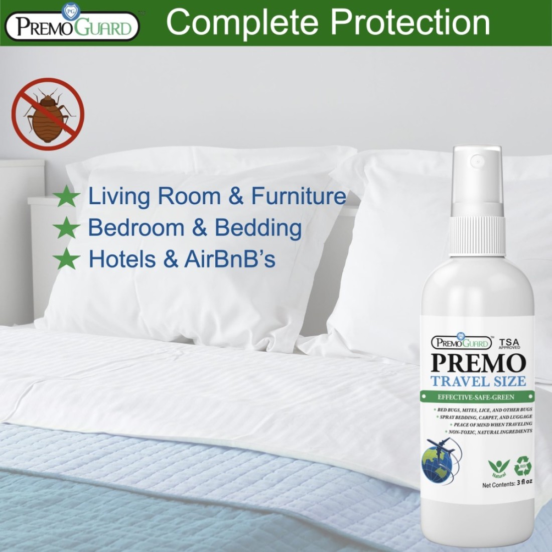 Travel Bed Bug Mite Killer Spray by Premo Guard 3 oz Child Pet Safe Fast Acting Stain Odor Free Best Protection Carryon Bag Approved