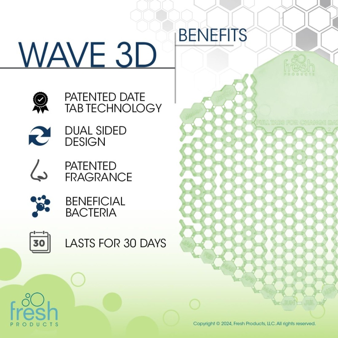 Fresh Products Wave 3D Virtually eliminates Urine Splash 30Day Use Easy Installation Beneficial Bacteria Consistent Fragrance Herbal Mint Green Made in USA 10pk Urinal Screens