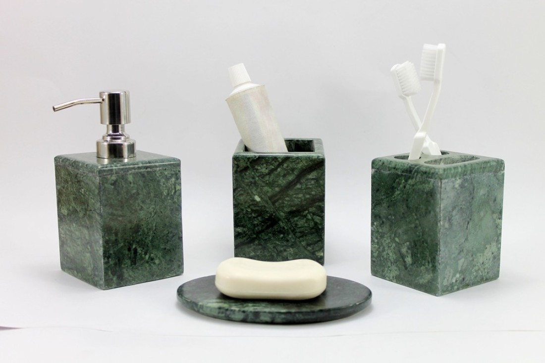 KLEO Bathroom Accessory Set Made from Natural Stone Bath Accessories Set of 4 Includes Soap Dispenser Toothbrush Holder Tumbler and Soap Dish Green