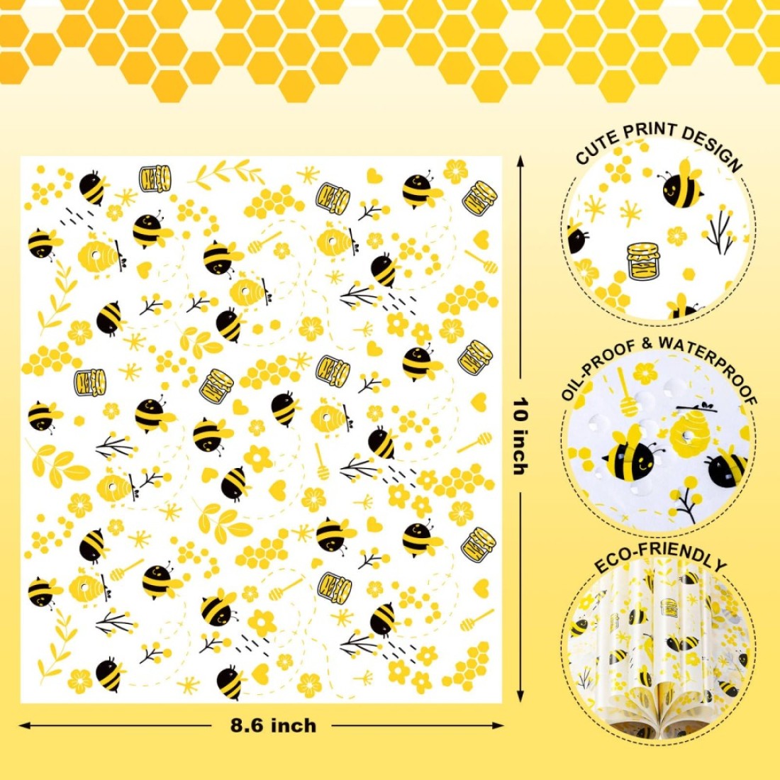 100 Pcs Wax Paper Sheets for Food Bee Day Wax Paper for Food Sandwich Wrap Paper Deli Wraps Waterproof Oilproof Picnic Basket Liners with Bee Pattern for Kitchen Handmade Food