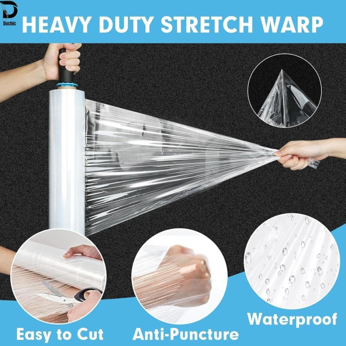 Duchic, [1 Roll] Clear Stretch Film Wrap - 500mm Heavy Duty Plastic Shrink Wrap for Pallet Wrap, Packing, Moving and Packaging - Cling Wrap, 1.30 kg, 400g core