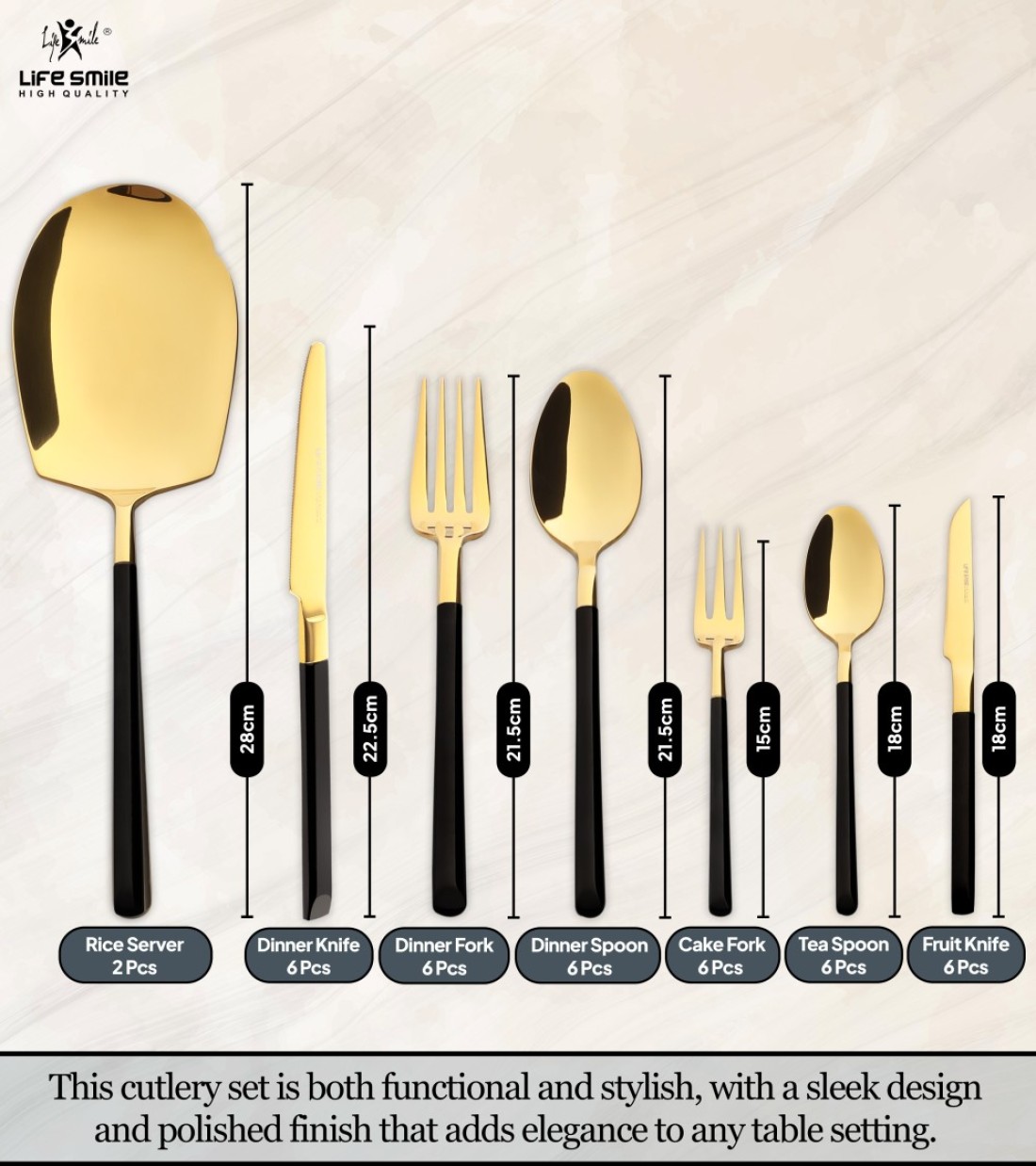 LIFE SMILE Cutlery Set, 18/10 Pure Stainless Steel Flatware Set with Stand, Rust Proof &amp; Fade Proof Dinnerware Set (SHINY GOLD HEAD &amp; SHINY BLACK HANDLE, 38 Pieces)