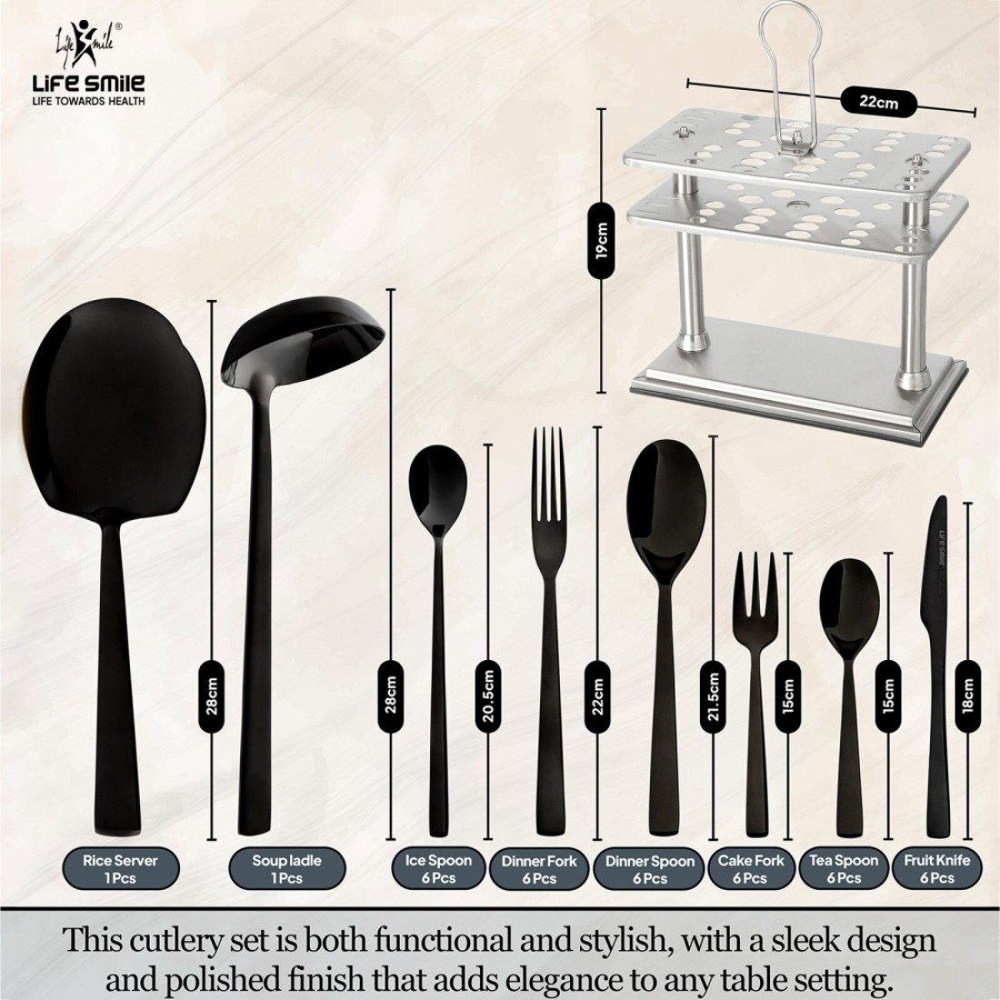 LIFE SMILE Cutlery Set, 18/10 Pure Stainless Steel Flatware Set with Stand, Rust Proof &amp; Fade Proof Dinnerware Set (SHINE BLACK, 38 Pieces)
