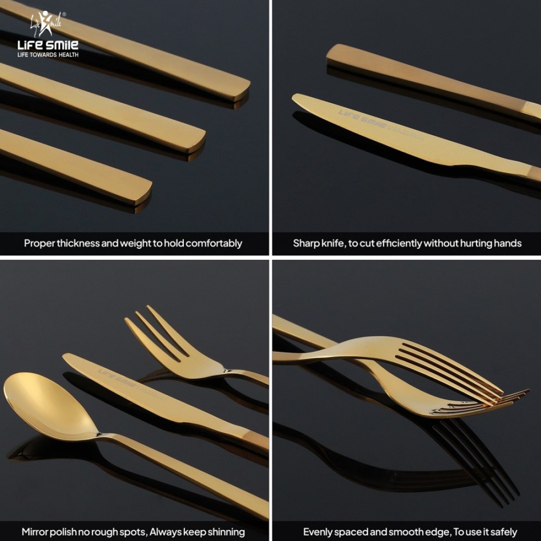 LIFE SMILE Cutlery Set, 18/10 Pure Stainless Steel Flatware Set with Stand, Rust Proof &amp; Fade Proof Dinnerware Set (SHINE GOLD &amp; SAND BLASTING HANDLE, 38 Pieces)