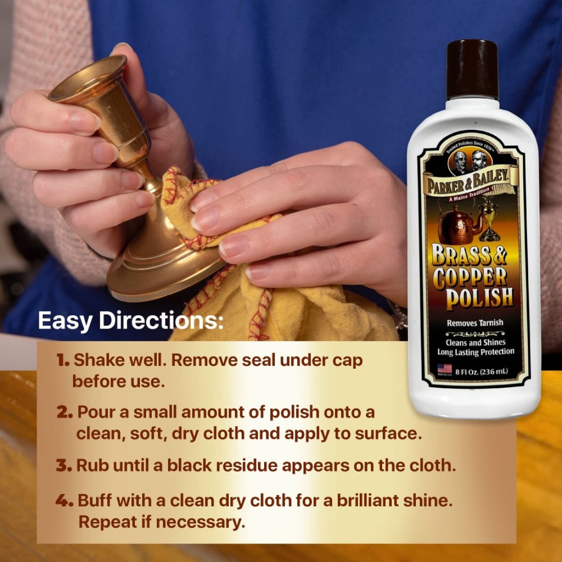 PARKER BAILEY Brass and Copper Polish Brass Polish Cleaner Copper Cleaner and Polish Tarnish Remover Metal Polish Cream for Polishing Antique Decor Pans Furniture 8 Oz Bottle