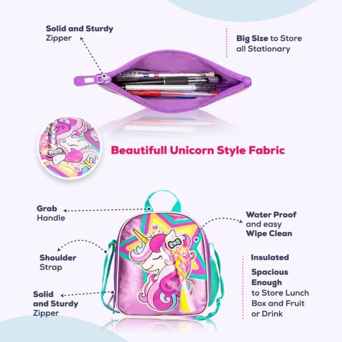 Eazy Kids - 18&quot; Set of 4 School Bag Lunch Bag Activity Bag &amp; Pencil Case Unicorn-Pink
