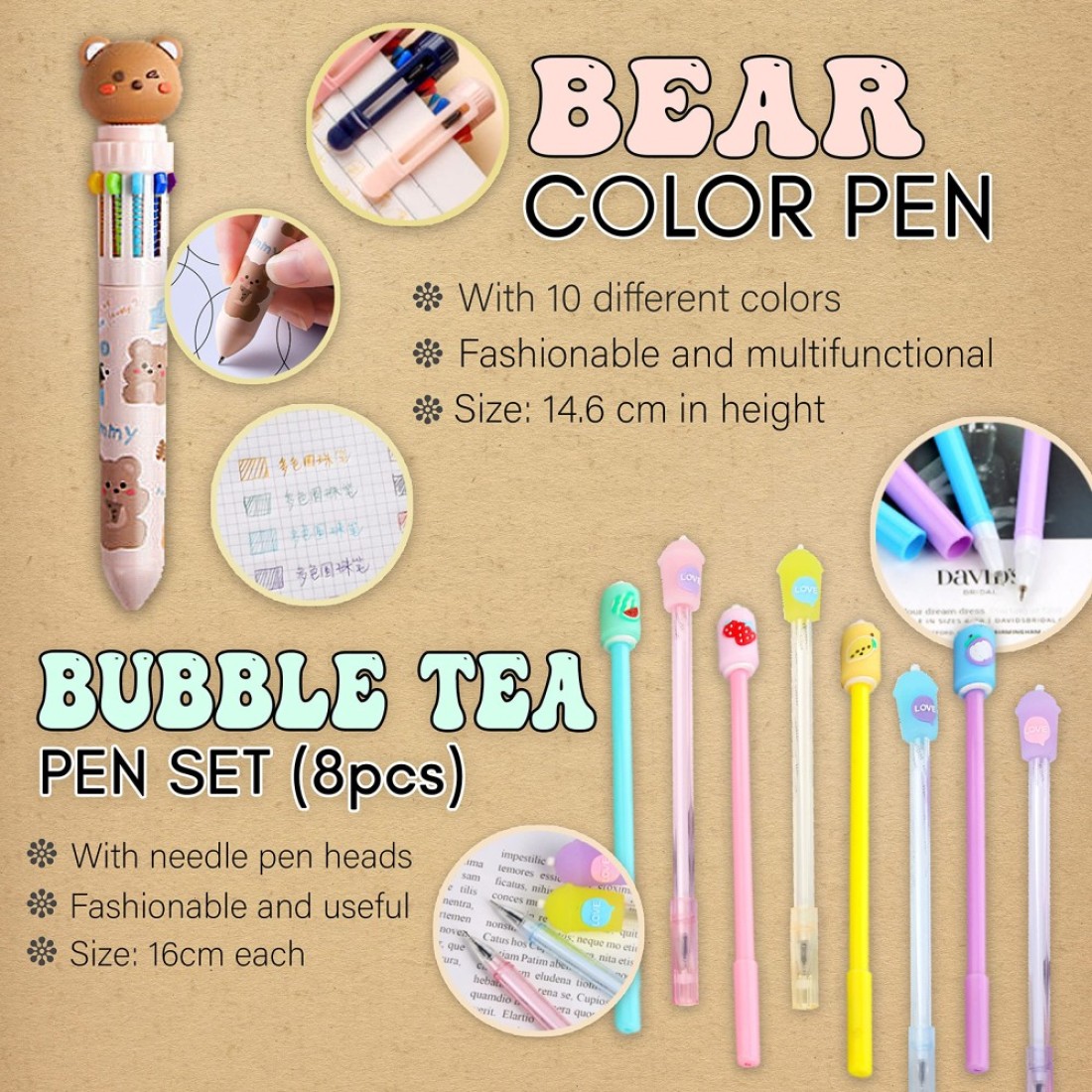 Primo Lines Kawaii Pencil Case and Complete 61 PCS Pink Stationary Set with Pop Up Cute Boba Case 8 Pens 50 Bubble Tea Stickers Multi Color Pen For School Supplies