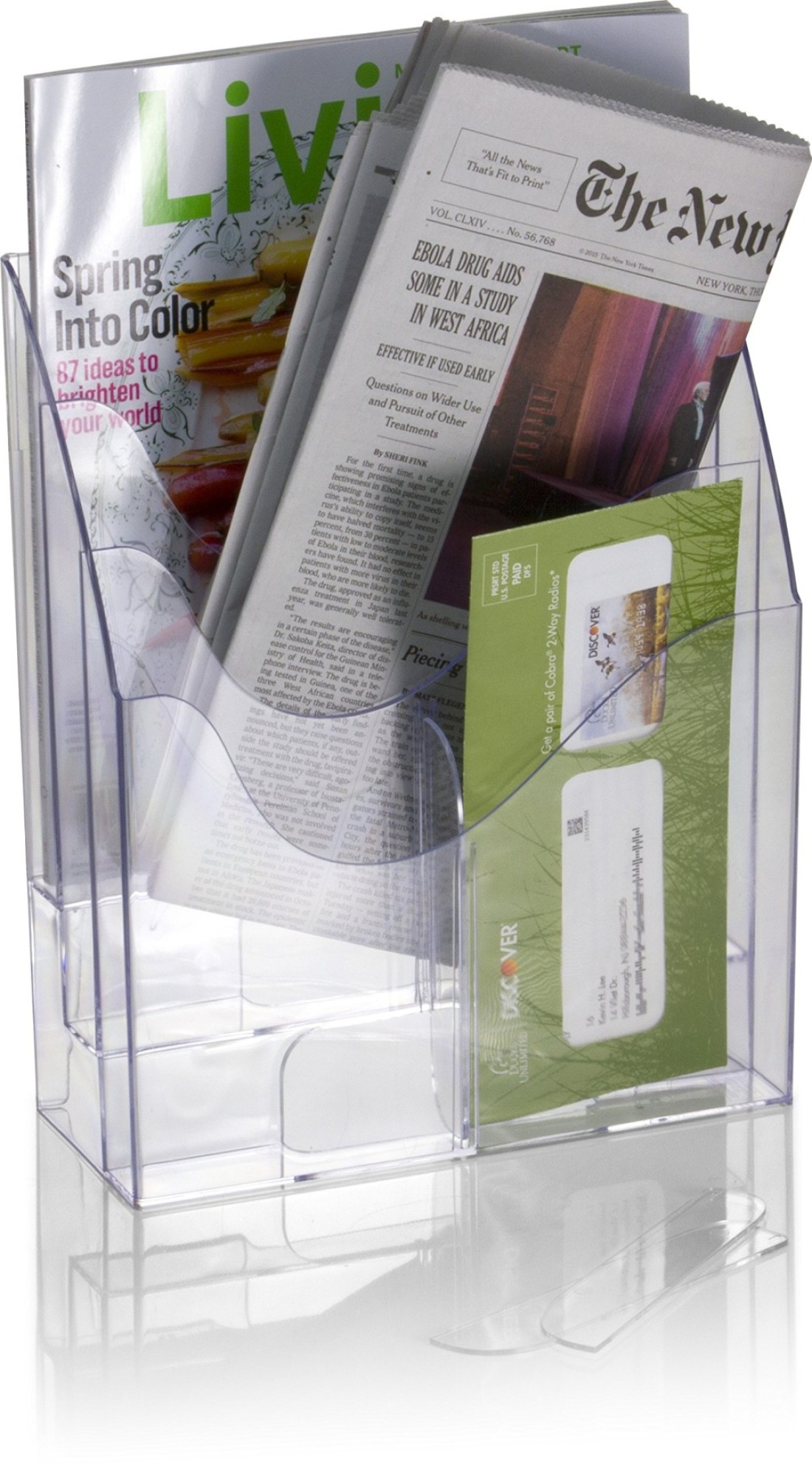 Officemate MultiUse Literature Holder 6 Pockets for 4125 Inch Wide Leaflets or 3 Pockets for Letter Size Sheets or Folders Clear 22914