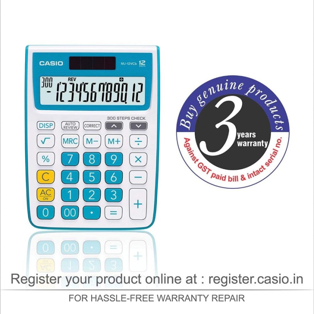 Casio MJ-12VCb-BU 300 Steps Check &amp; Correct Colourful Desktop Calculator (Blue)