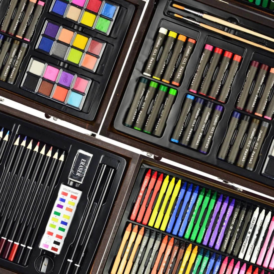 Sunnyglade 145 Piece Deluxe Art Set Wooden Box Drawing Kit with Crayons Oil Pastels Colored Pencils Watercolor Cakes Sketch Pencils Paint Brush Sharpener Eraser Color Chart Cherry