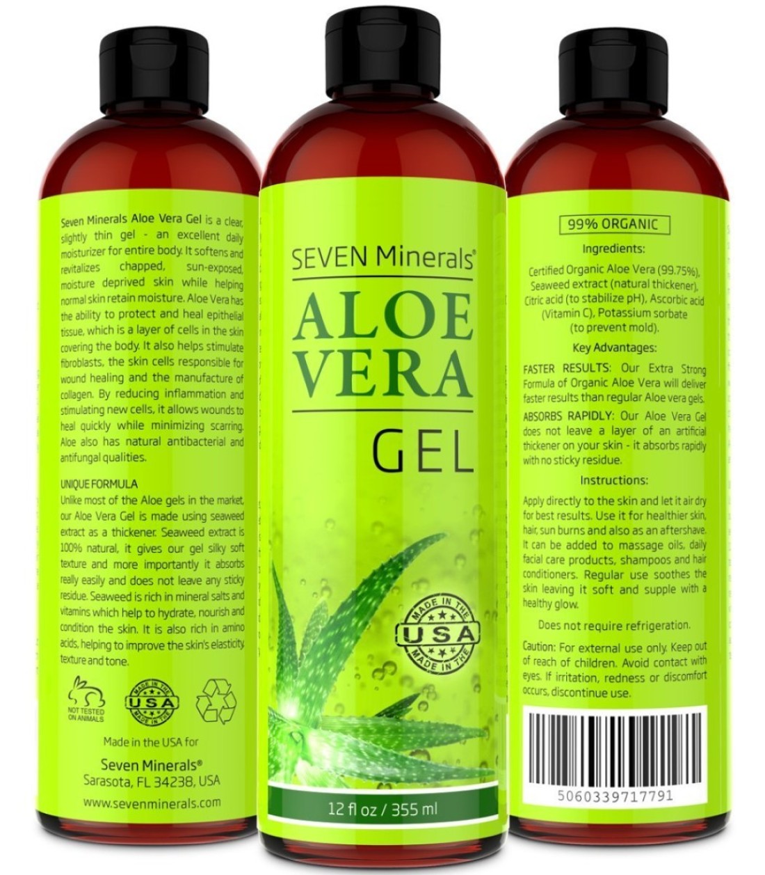Seven MineralsAloe Vera Gel 99 Organic Big 12 oz NO XANTHAN so it Absorbs Rapidly with No Sticky Residue made from REAL JUICE NOT POWDER