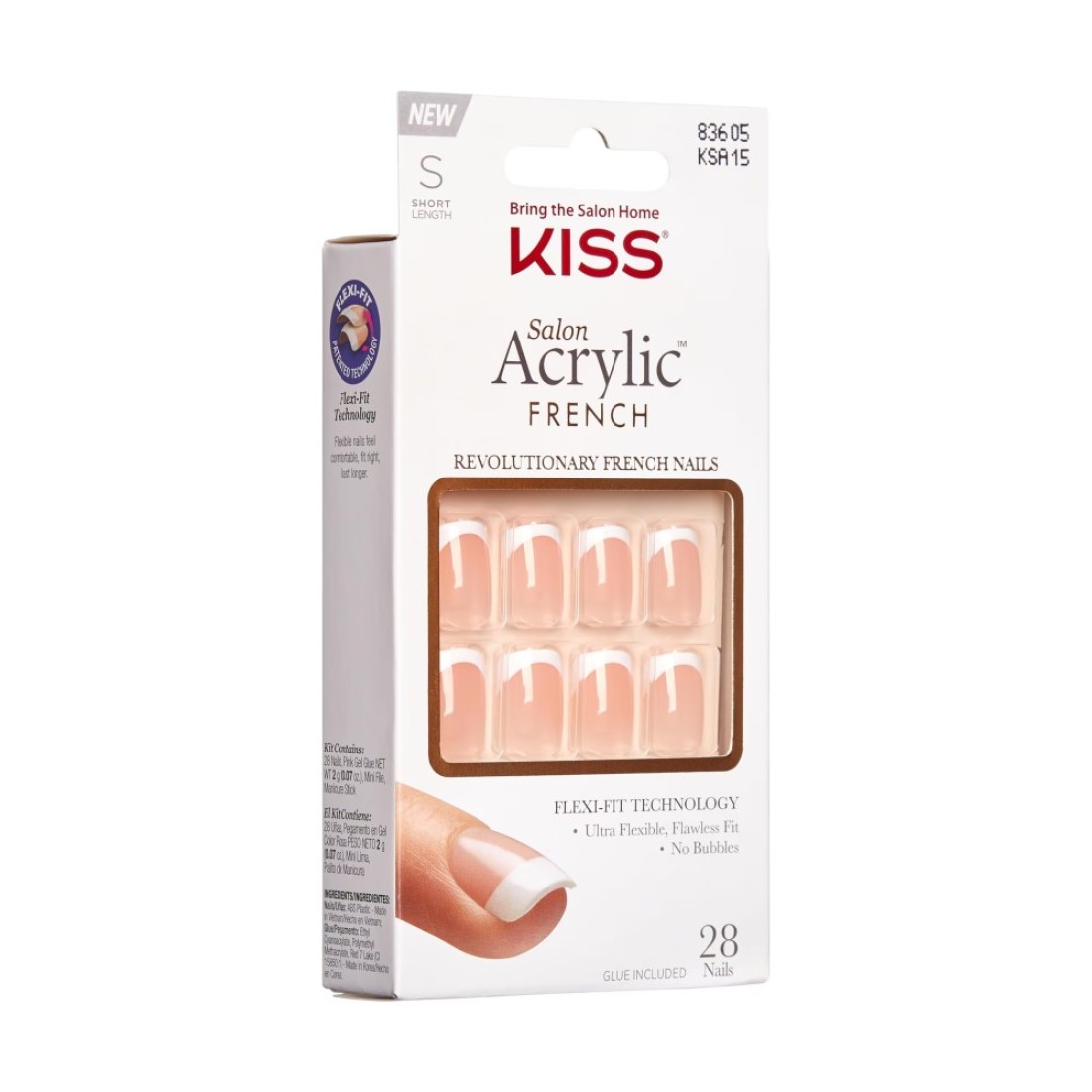 KISS Salon Acrylic Press On Nails Nail glue included Bonjour NudeWhite Short Size Squoval Shape Includes 28 Nails 2g Glue 1 Manicure Stick 1 Mini File