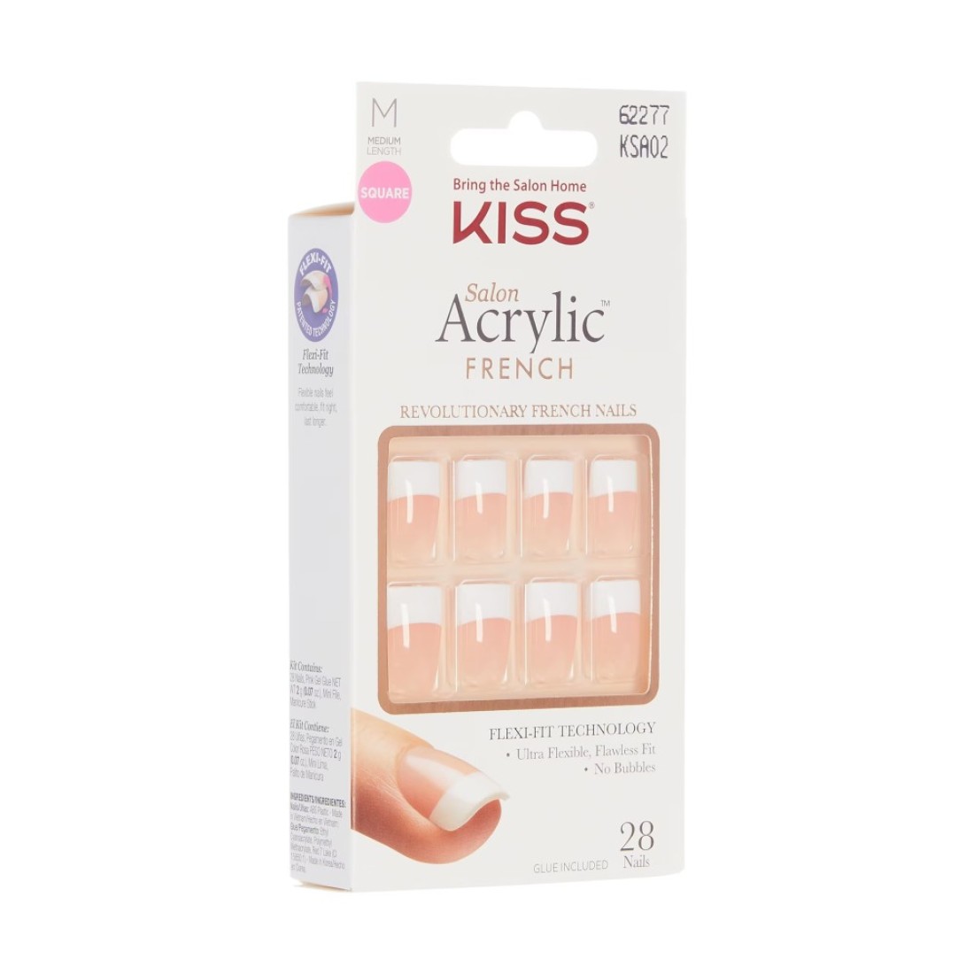 KISS Salon Acrylic Press On Nails Nail glue included Sugar Rush French Medium Size Square Shape Includes 28 Nails 2g Glue 1 Manicure Stick 1 Mini File